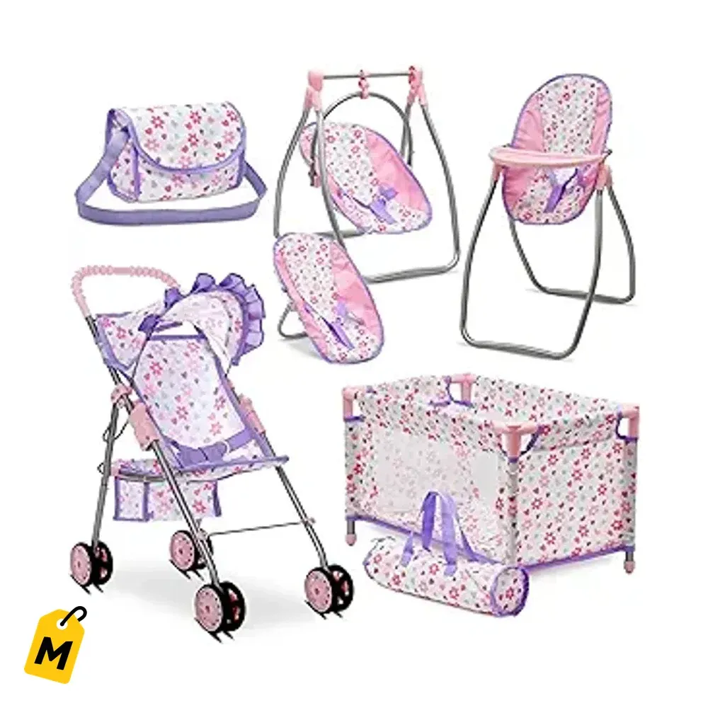 Set de Lujo para Munecas: Cochecito Silla Alta Cuna y Accesorios Morado