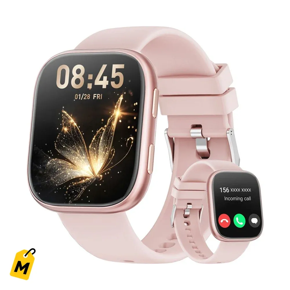 Smart Watch 1.85 pulg Android iPhone, llamadas, 100+ deportes, resistente agua, rosado