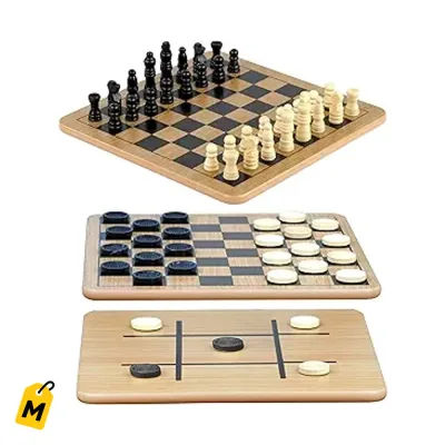 Tablero de Madera Reversible Regal Games 3 en 1: Ajedrez, Damas y Tic-Tac-Toe