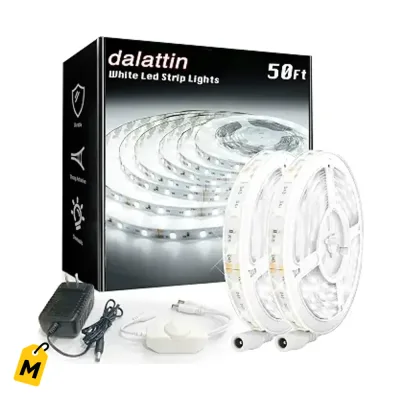 Tiras LED dalattin Blancas 50 pies Atenuables 6500K Luz Dia 900 LEDs para Hogar