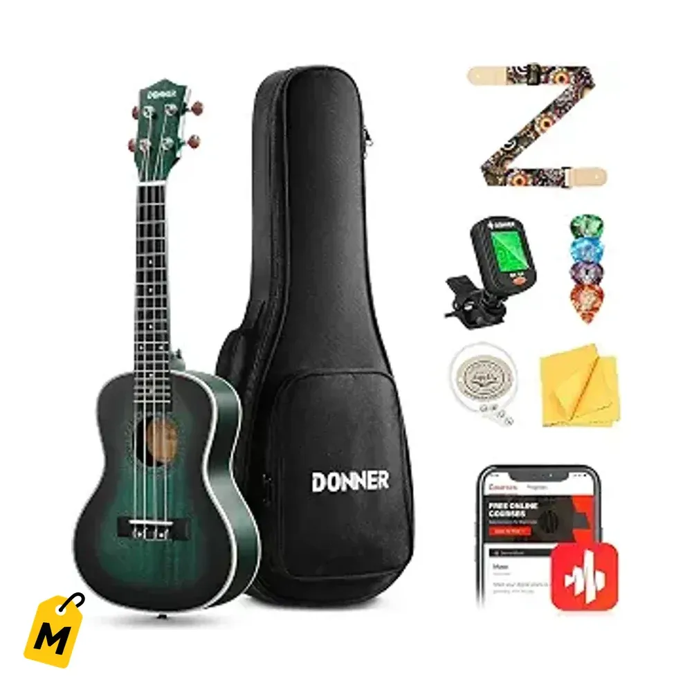 Ukelele Concierto Donner 23 Pulgadas Caoba Pa Principiantes Kit Completo DUC-200B Verde Ch