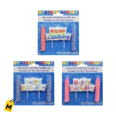 Velas Rayadas y Topper de Cumpleanos - Set de 7 Piezas