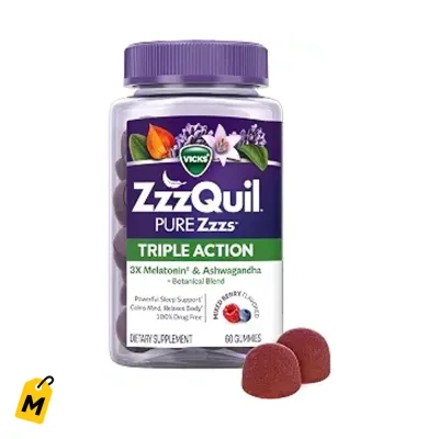 ZzzQuil PURE Zzzs Triple Accion, Gomitas Melatonina 6mg y Ashwagandha, 60 Unds